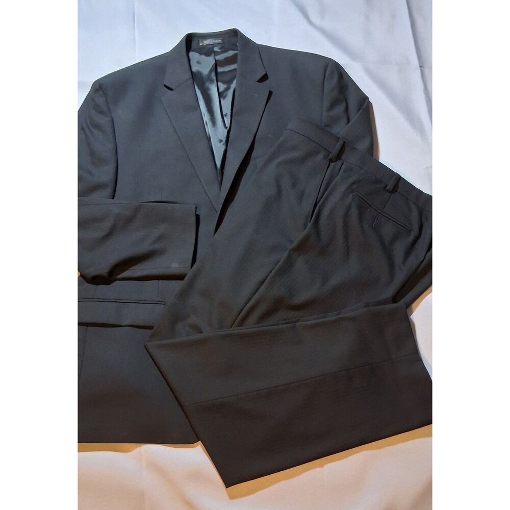 Chaps Mens Two-Piece Suit Black 46R Blazer Jacket 40x30 Pants Formal 52% Wool
